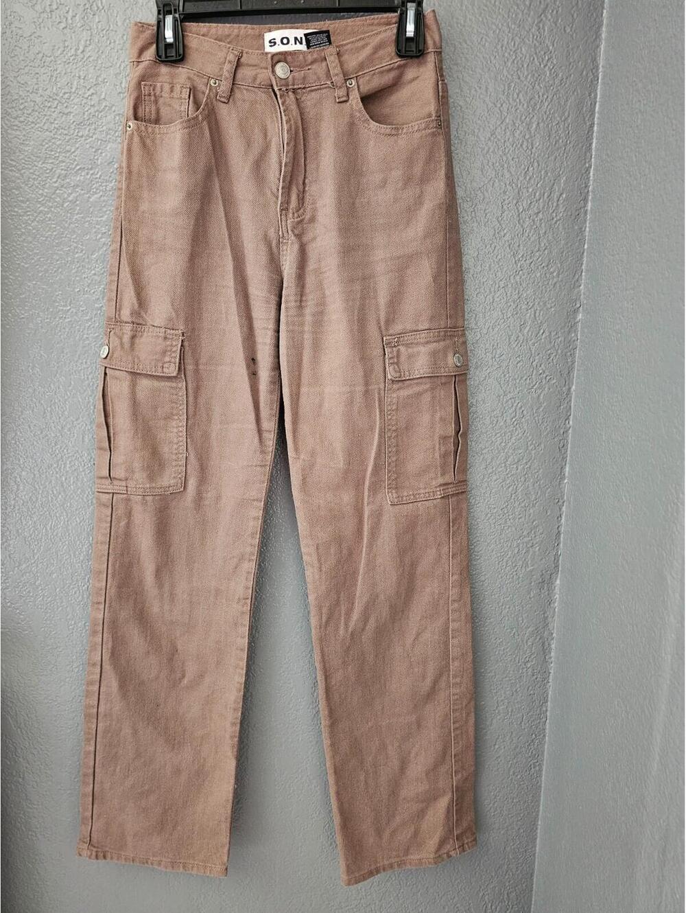 Women's S.O.N.G Cargo Denim Pants Brown Straight Leg Size 1 / 25 Pockets Zip Fly - Picture 6 of 15